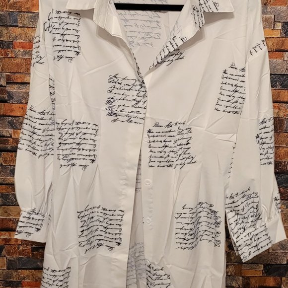 Cursive Newspaper Pattern Design Mini Long Sleeve Casual Shirt Dress,  (S-2XL) - Picture 8 of 9